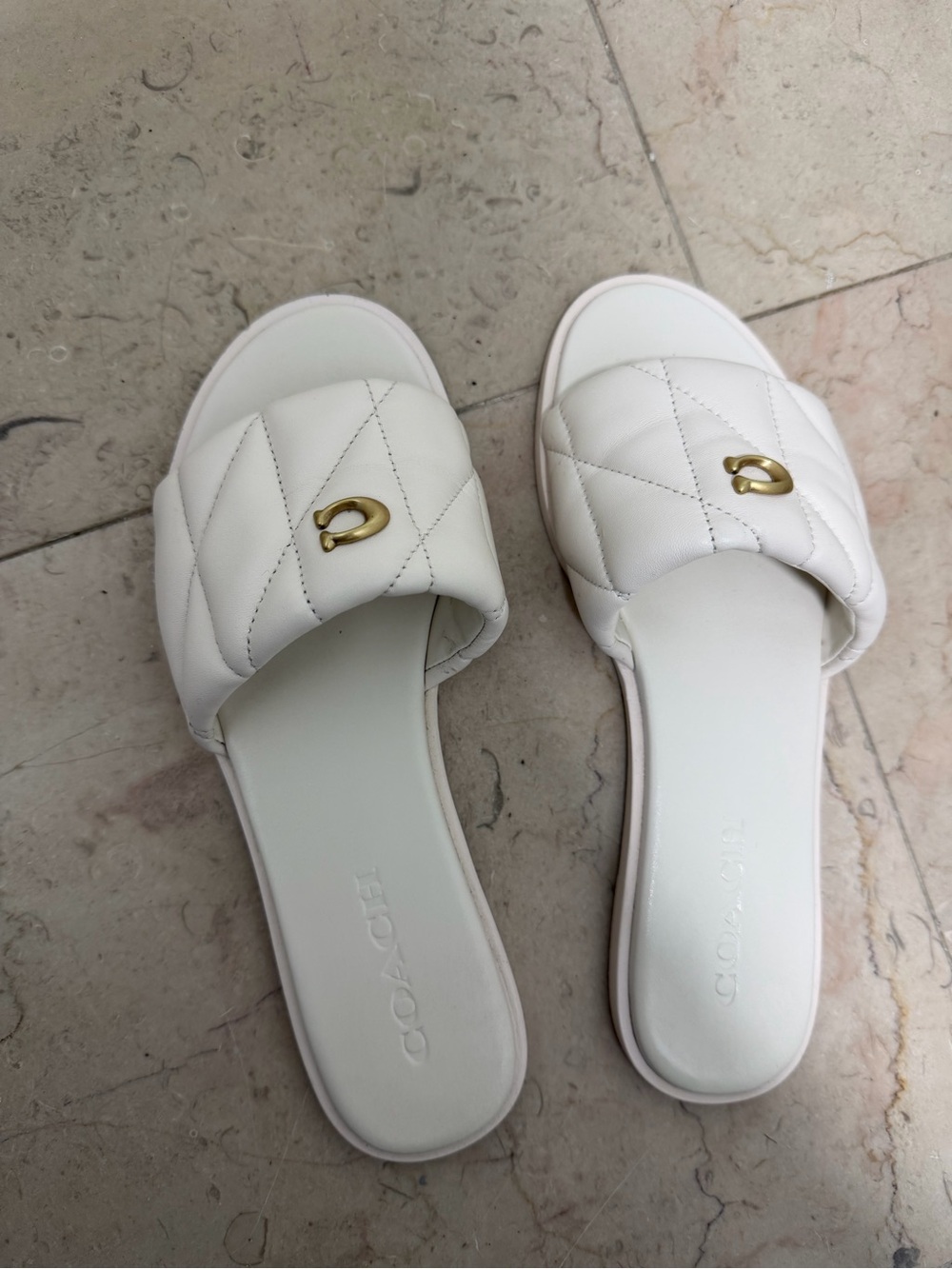 Coach White Quilted Slide Sandals with Gold Accent